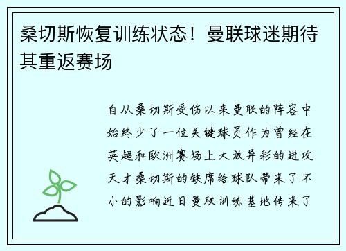 桑切斯恢复训练状态！曼联球迷期待其重返赛场